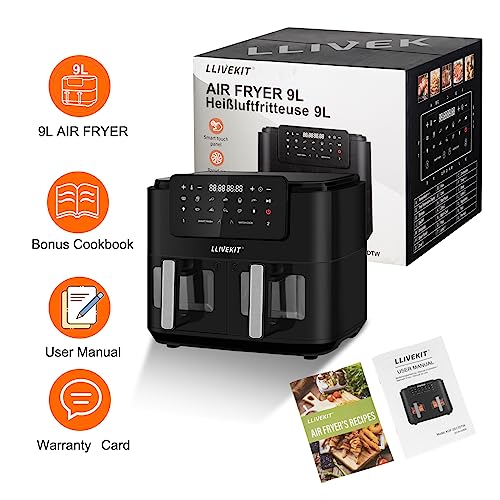 LLIVEKITDigital Dual Zone Oil Free Air Fryer 9L Large for Family with 2  Drawers, Cookbook, 10 Presets, Match Cook & Smart Finish, Low Fat Air Fryer  Oven, 2400W, Black : : Home